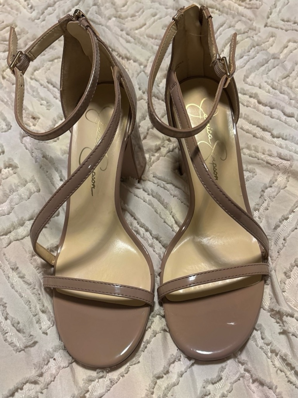 Jessica Simpson Blush Patent Ankle-Strap Block Heels